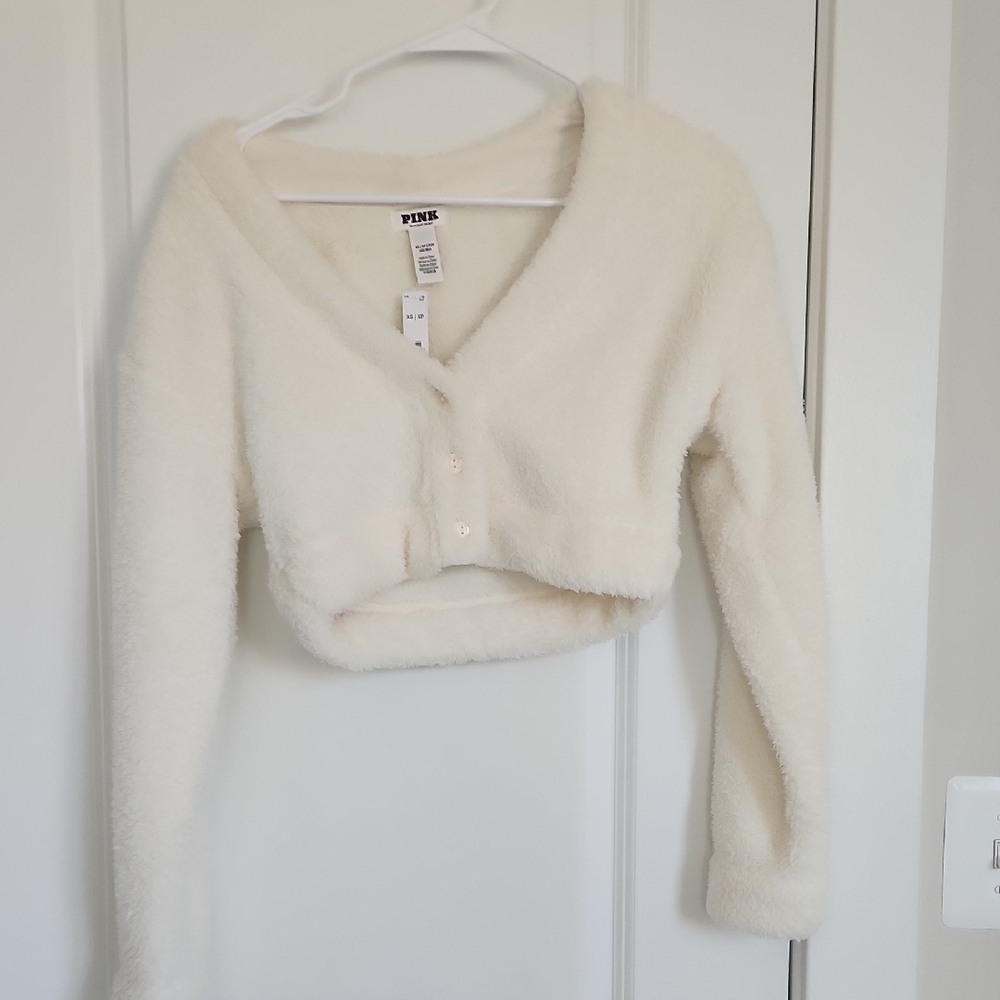 NWT PINK Victoria's Secret Fluffy Fuzzy White Crop Cardigan XS